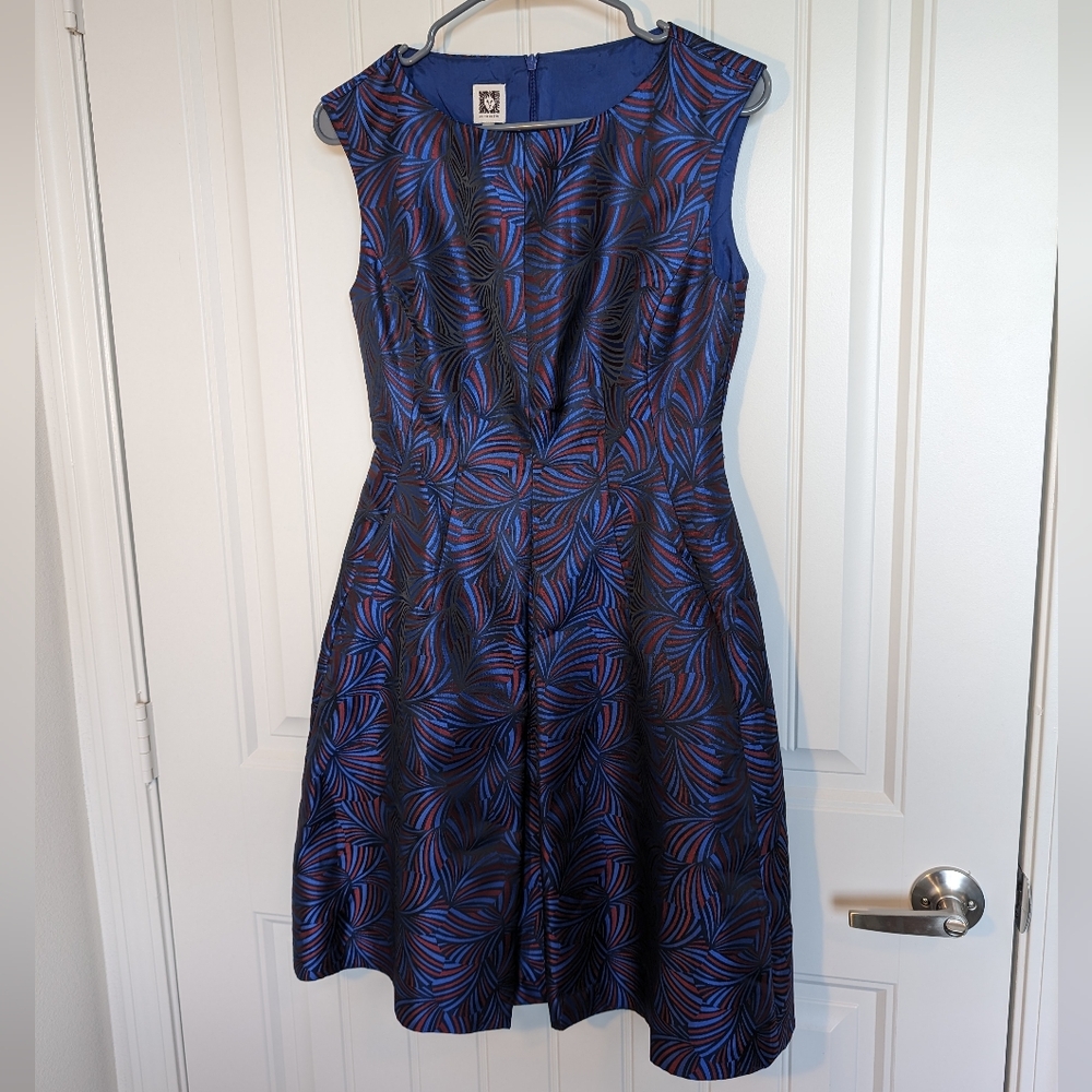 Anne Klein Jacquard Dress Fit and Flare Sz 2 Blue and Red